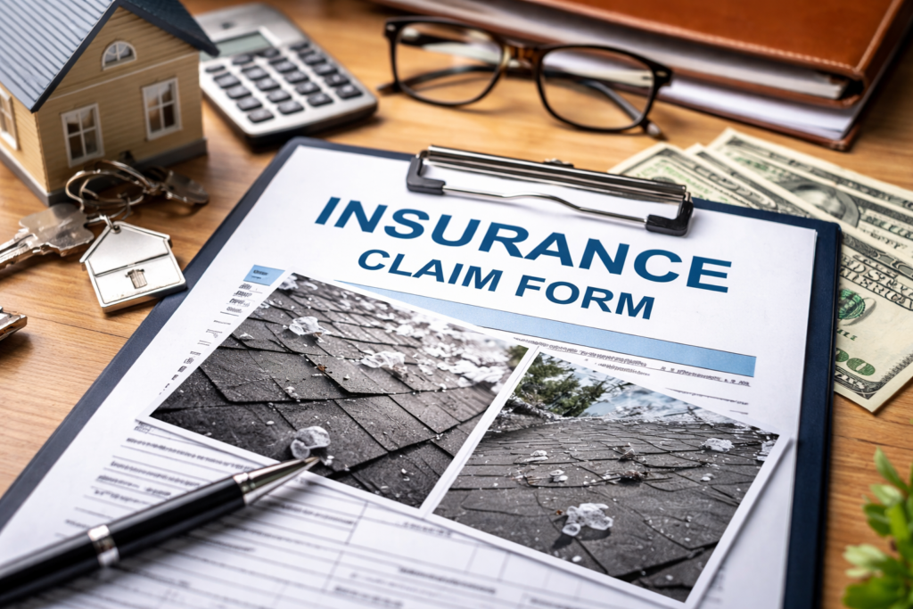 insurance claim form with a tiny house and set of keys