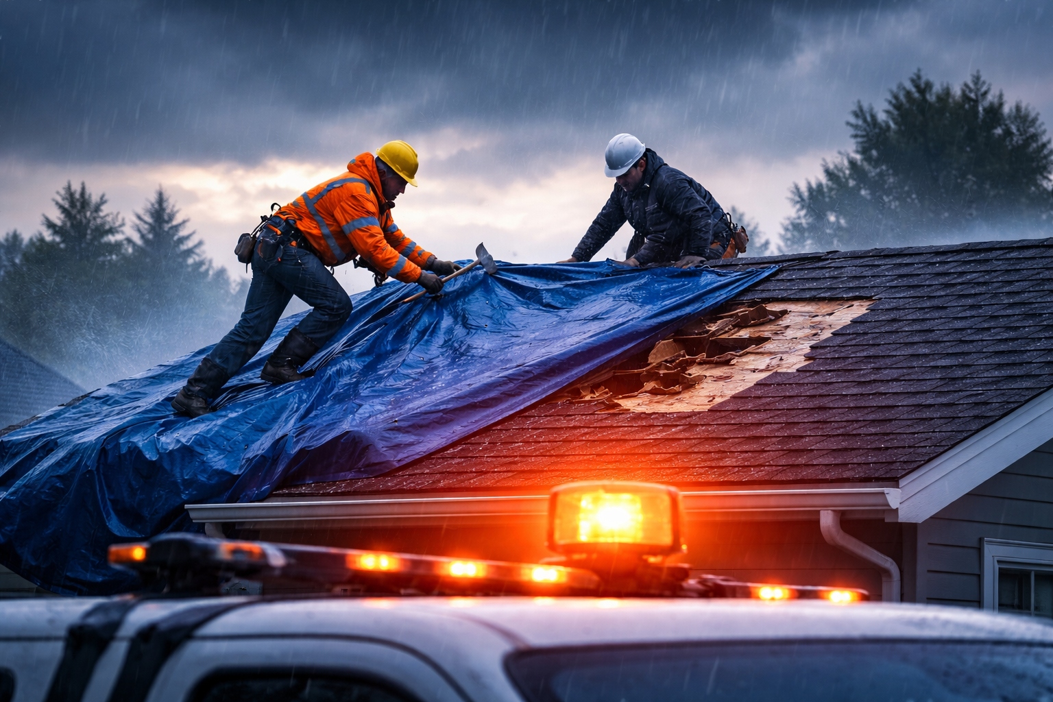 Emergency roof repair being performed at twilight in Oklahoma City