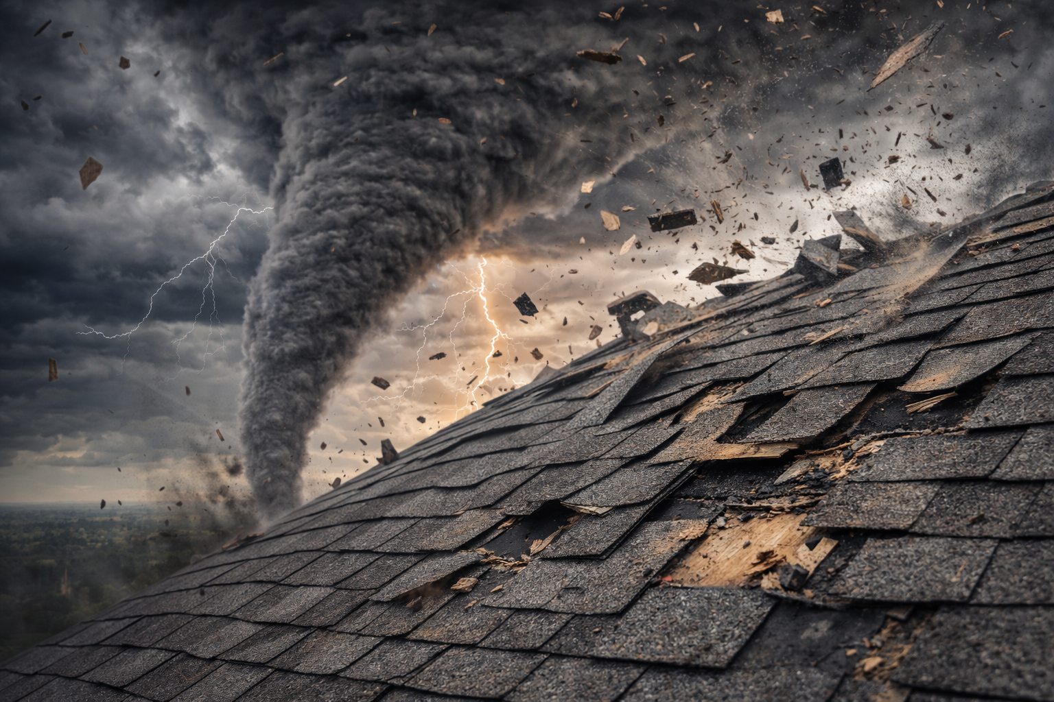 High wind and tornado damage near Oklahoma City ripping shingles off rooftops, often requiring multi-area roof repairs