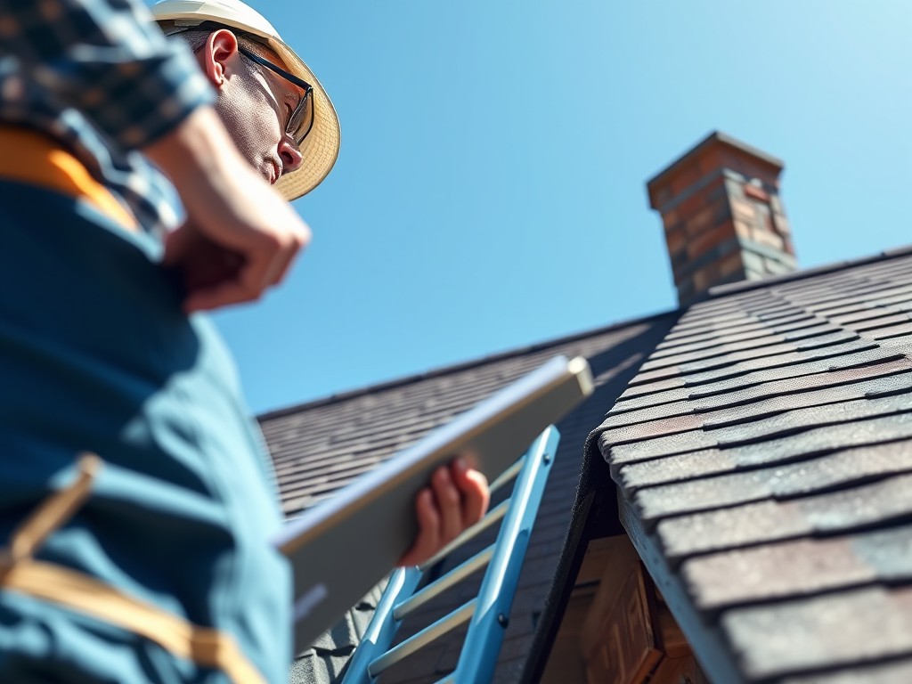 A modern roof inspection scene featuring a professional-quality metal clipboard with detailed inspection forms and a digital thermal imager resting atop a flat slate roof. The roof surface is immaculate and organized, with clear seams and defined edges. The city skyline is softly blurred in the distance, giving context to the urban environment. Early afternoon natural light bathes the scene, producing soft, diffuse shadows and crisp metallic reflections without glare. Shot from a slightly elevated, angled perspective with rule-of-thirds framing, the image has a balanced composition and exudes an efficient, meticulous, and professional mood, reflecting the company’s trustworthy and systematic approach in a photographic realism style.