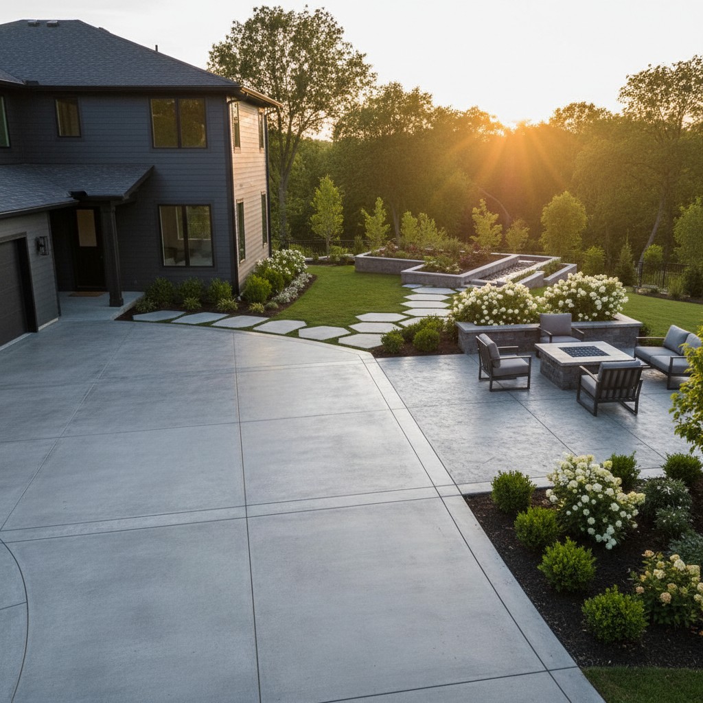 A serene backyard patio with a fire pit and seating, surrounded by lush greenery and trees, bathed in warm sunlight.