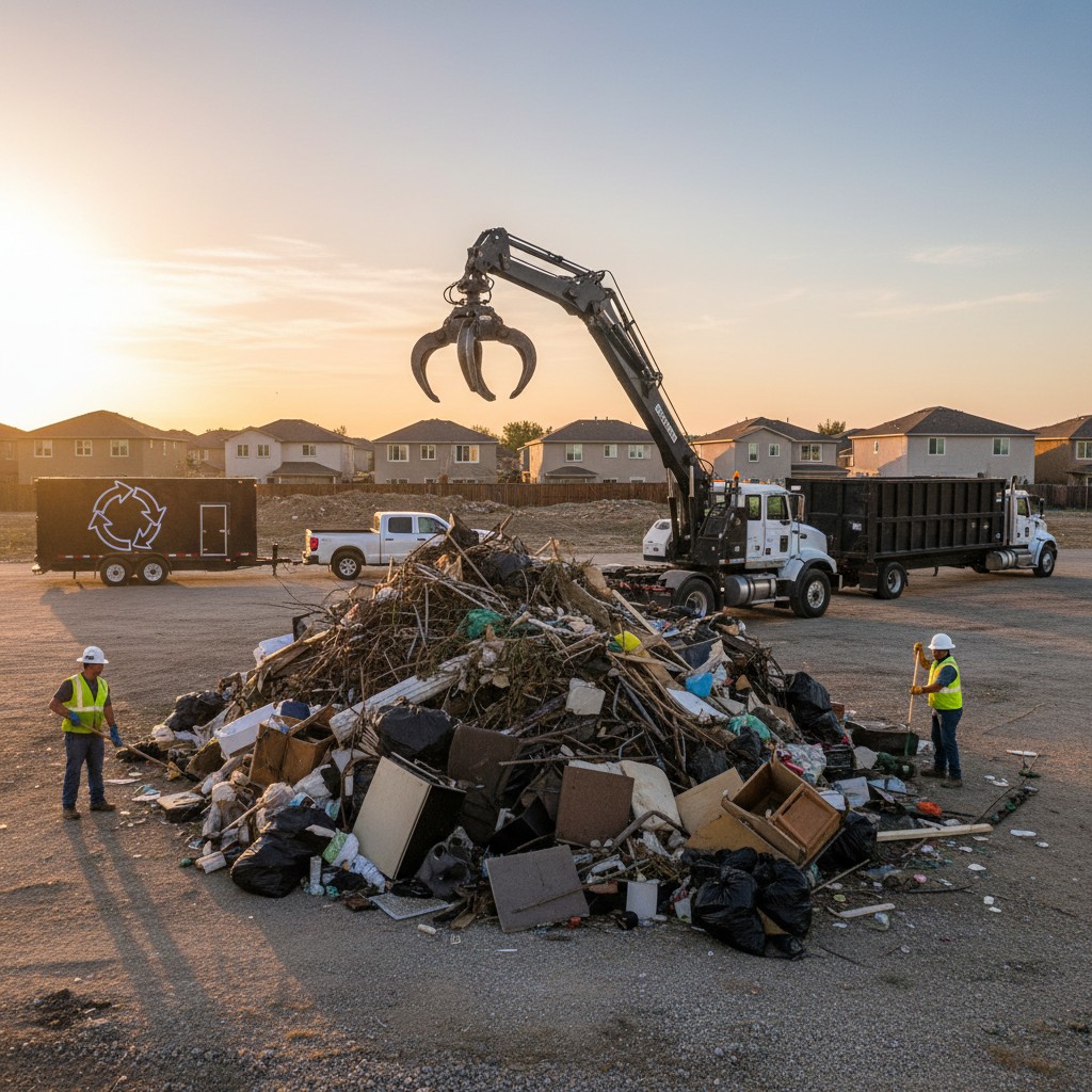A large pile of trash is being dumped from a clawed machine using a crane and into a powerplant. A worker behind it uses a...