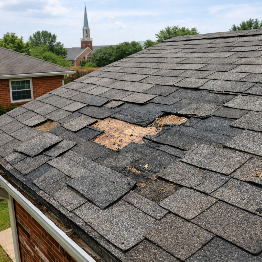 Missing shingles down to roof decking in Oklahoma City, showing why inspections matter for hidden decking and underlayment damage
