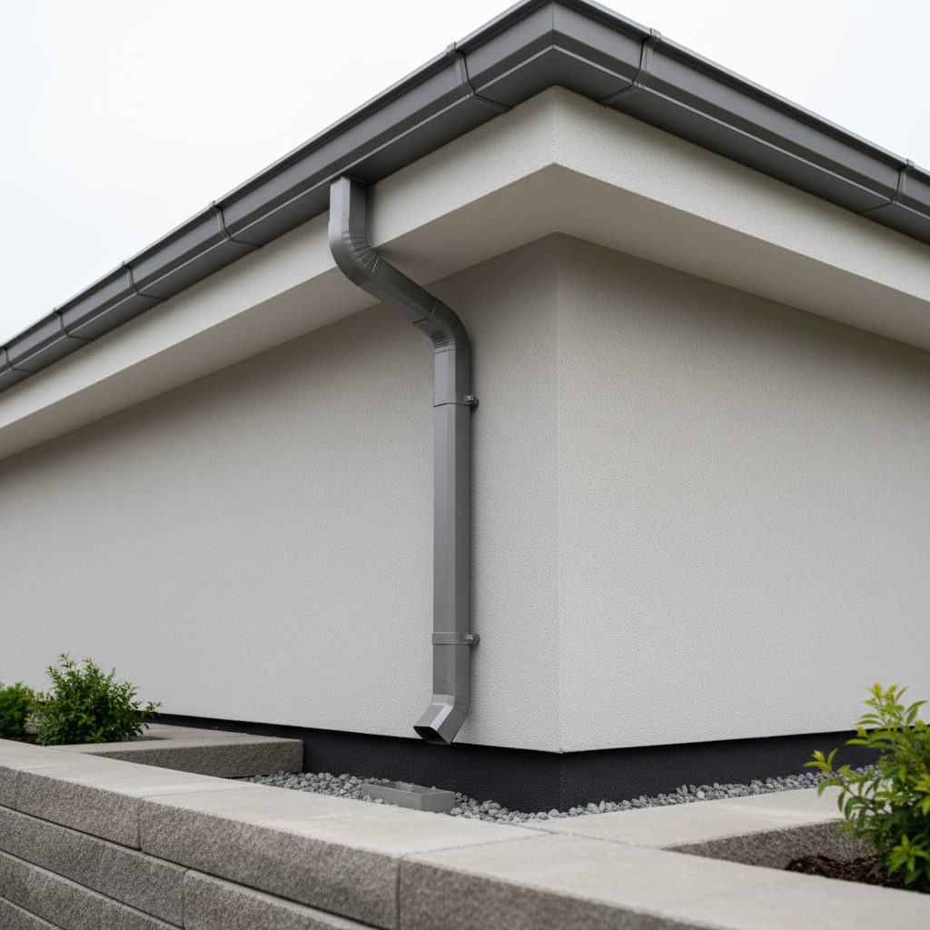 A sleek rooftop drainage system detail, featuring a seamless aluminum gutter and downspout in an elegant matte pewter tone, installed along the crisp eave of a neutral-toned building. Every joint and attachment is precisely aligned, underscoring skilled craftsmanship. The environmental backdrop includes a tidy facade and a glimpse of structured landscape stones below. Gentle overcast daylight creates smooth, shadowless highlights, emphasizing the surfaces’ clean lines and balanced forms. Photographed from a low, upward-looking angle for a dynamic and technical composition, the atmosphere is quietly assured and highly professional, perfect for showcasing specialized roofing capabilities in a clean, modern, and photographic style.