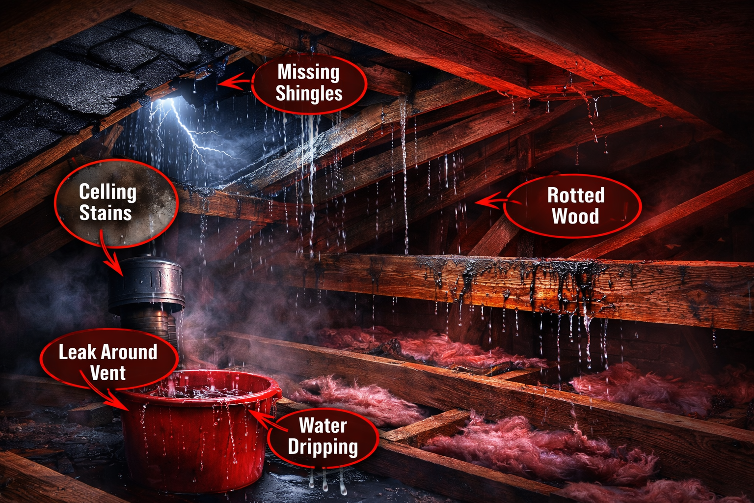 Attic damage from roof leaks in Oklahoma City