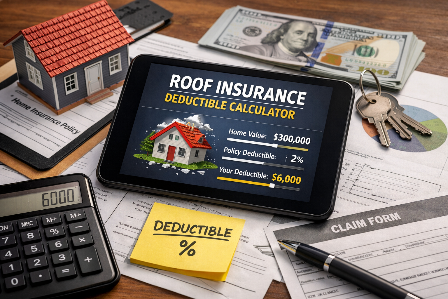 Roof insurance deductible calculator example showing percentage deductible and estimated out-of-pocket cost