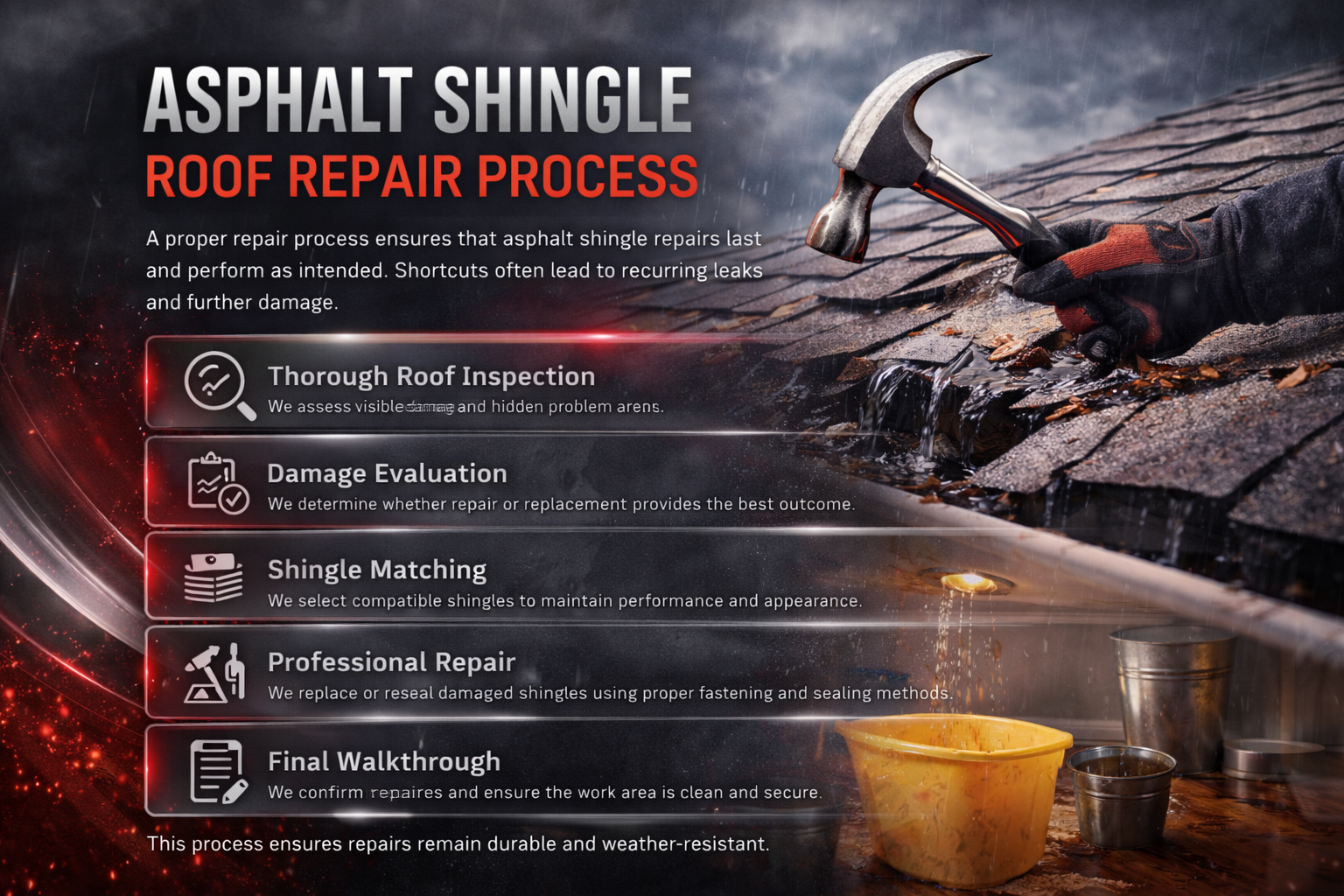 Asphalt shingle roof repair process steps infographic