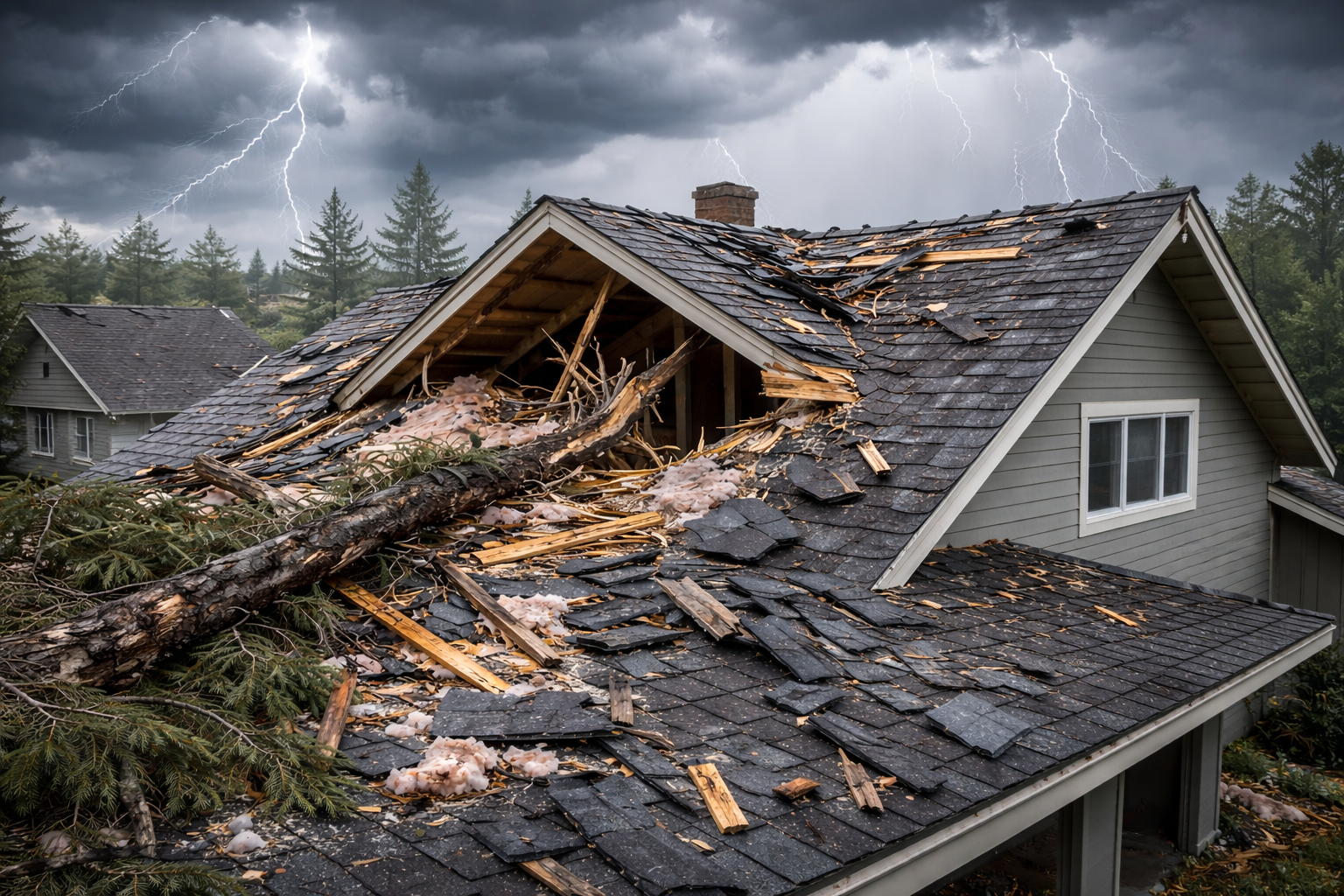 Severe storm damage to residential roof in Oklahoma City after hail and wind